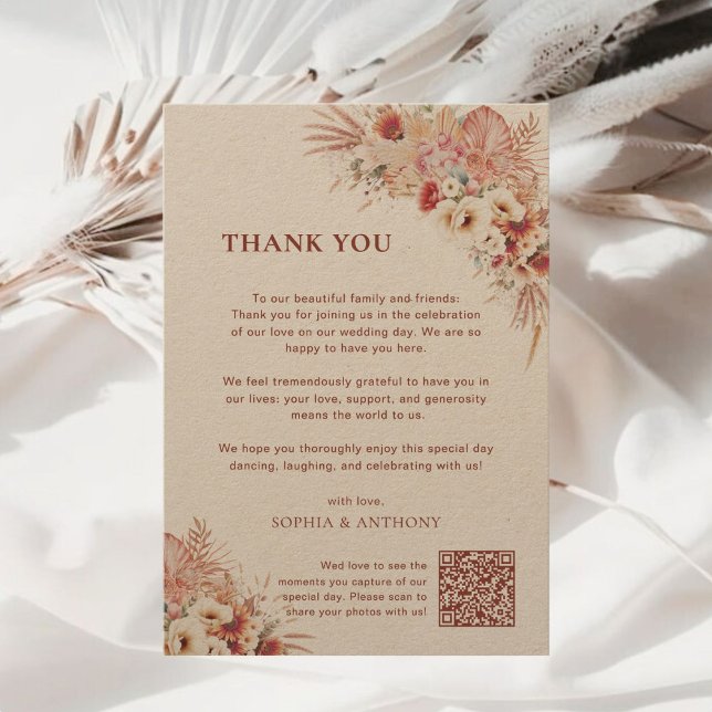 Cartão De Agradecimento Boho Terracotta Floral Kraft Casamento Qr Code (Criador carregado)