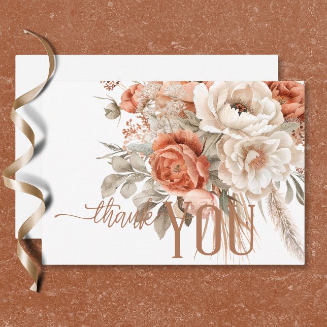 Cartão De Agradecimento Boho Terracotta Peach & Cream Casamento Branco Flo (Boho Terracotta Peach & Cream Floral White Wedding Thank You Card)