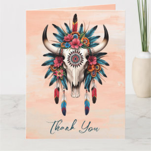 Cartão De Agradecimento Boho Tribal Watercolor Vaca Floral Casamento Crâni