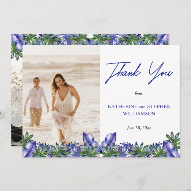 Cartão De Agradecimento Boho Tropical Roxo | Obrigado de Foto de Casamento (Frente/Verso)