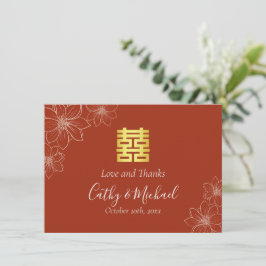 Cartão De Agradecimento Boho vermelho moderno casamento floral chinês
