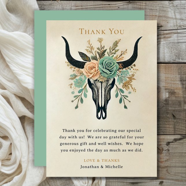 Cartão De Agradecimento Boho Western Floral Bull Cow Skull (Boho Western Floral Bull Cow Skull Wedding Thank You Card)