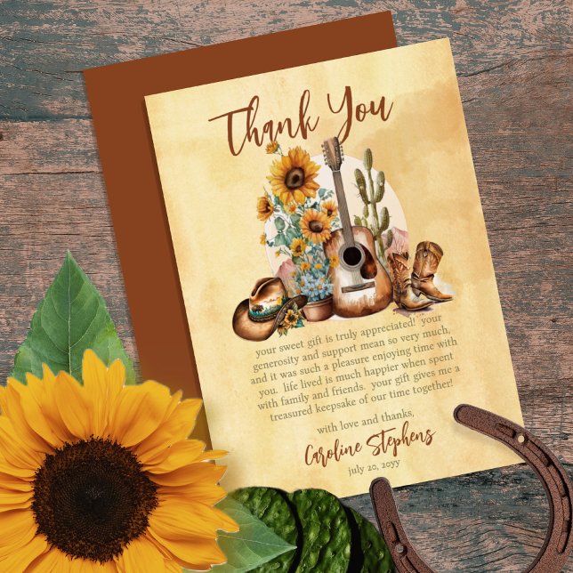 Cartão De Agradecimento Boho Western Guitar Sunflower Obrigado (Add your message of thanks on the bottom front or if you have more to say, the back is blank.)