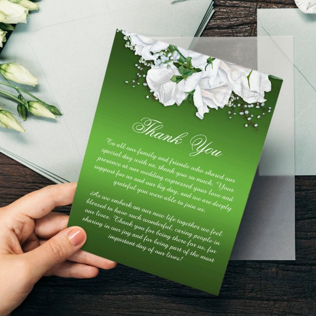 Cartão De Agradecimento Boho White Roses e Casamento Verde Elegante (Criador carregado)