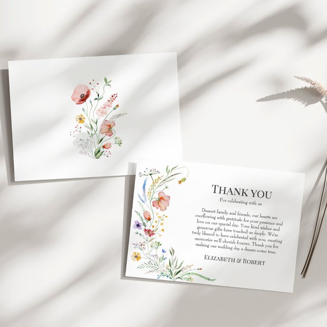 Cartão De Agradecimento Boho Wildflower Meadow Wedding (Boho Wildflower Meadow Wedding Thank You Card on a sunny white table.)