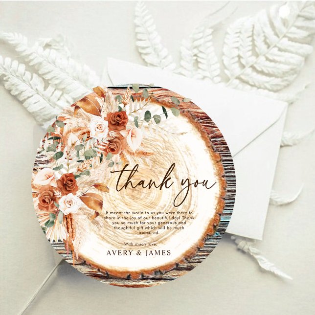 Cartão De Agradecimento Boho Wood Slice Thank You – Rustic Floral Photo (Criador carregado)