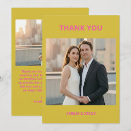 Cartão De Agradecimento Bold Pink Yellow Photo Wedding Modern Colorful