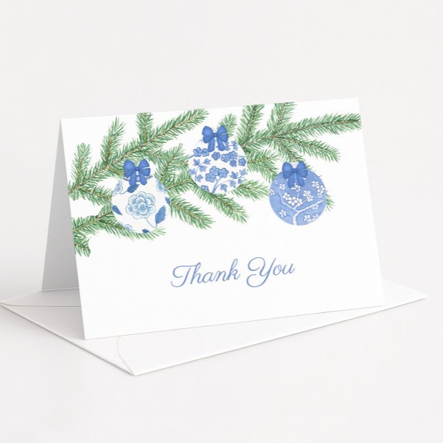 Cartão De Agradecimento Bolhas de Natal Azuis Clássicas para Chá de Noiva (Blue and white chinoiserie baubles holiday theme thank you card)