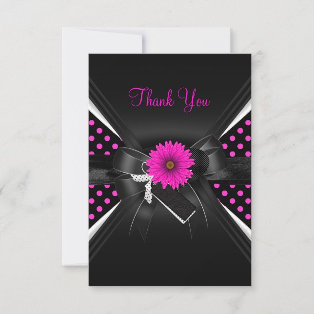 Cartão de Agradecimento Bolinha Preto Branco Rosa (Frente)
