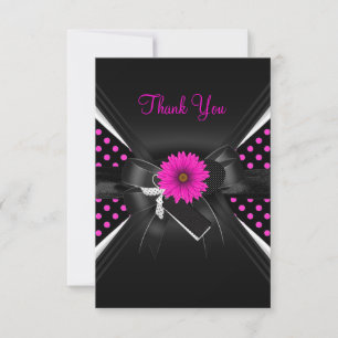 Cartão de Agradecimento Bolinha Preto Branco Rosa