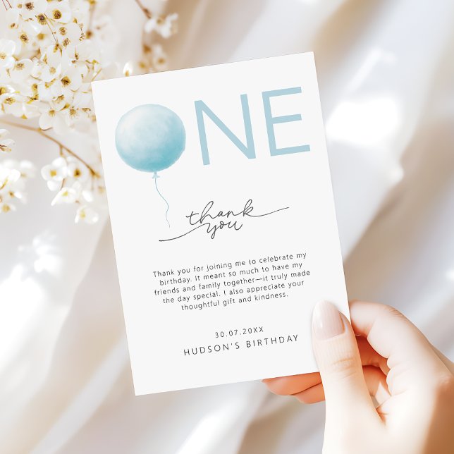 Cartão De Agradecimento Bolo de Aniversário de Um Ano do Menino Balão Azul (Criador carregado)