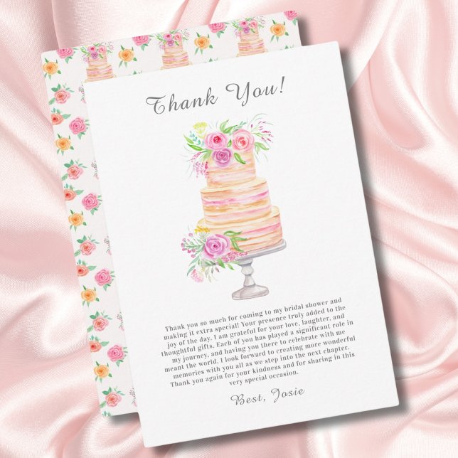 Cartão De Agradecimento Bolo de Noiva com Camadas em Aquarela com Rosas (Criador carregado)