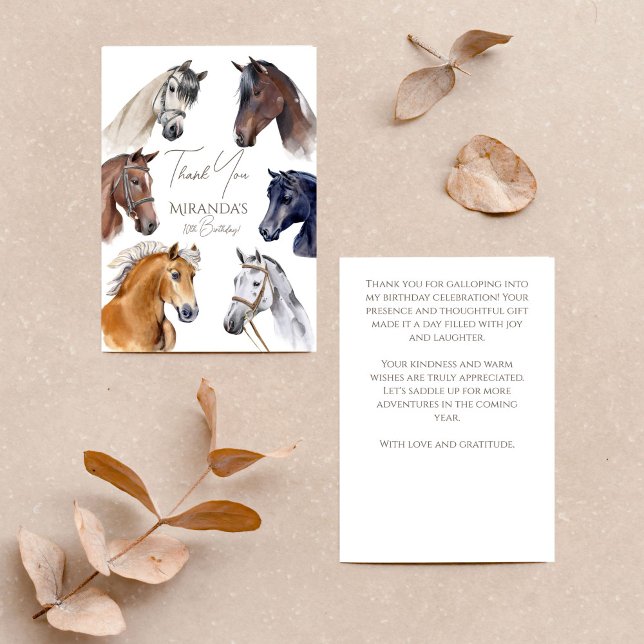 Cartão De Agradecimento Bolsa mensageifesta de aniversario elegante equest (Horses equestrian elegant birthday party thank you card elegant horses horse themed party thank you)