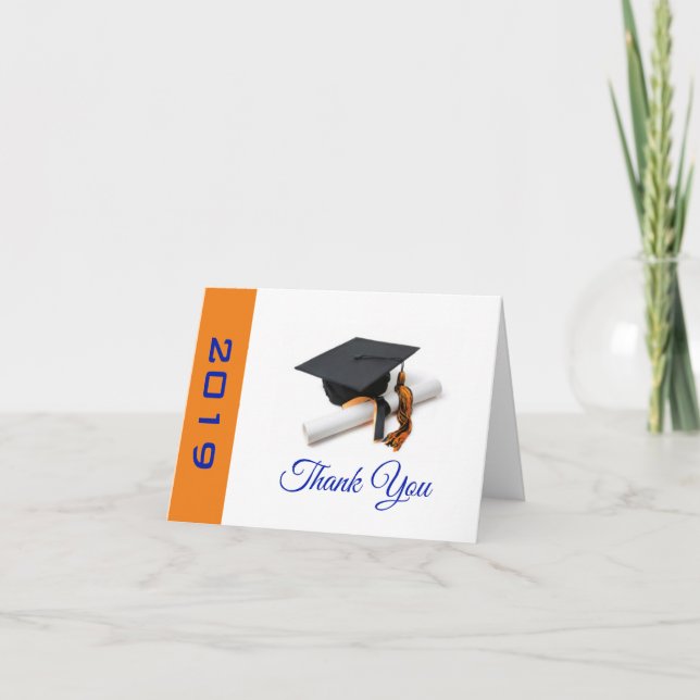 Cartão De Agradecimento Boné de formatura Azul e Laranja e Tassel (Frente)