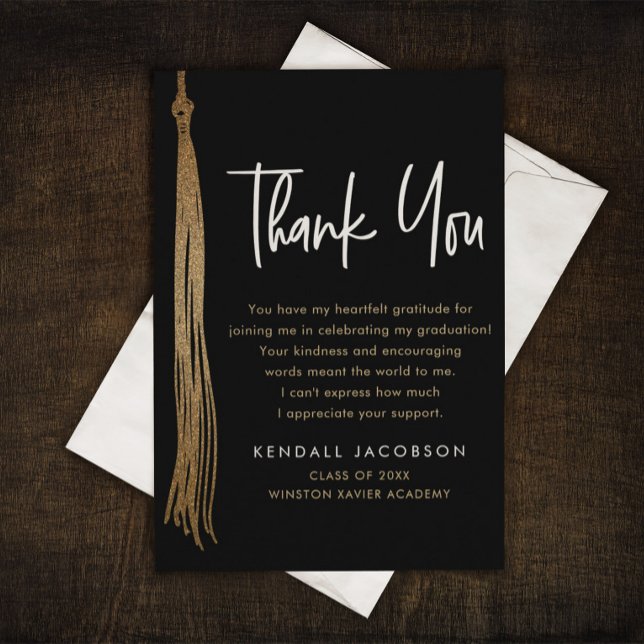 Cartão De Agradecimento Boné de formatura Tassel Dourado Black Modern (Elegant Grad Cap tassel gold black thank you card.)