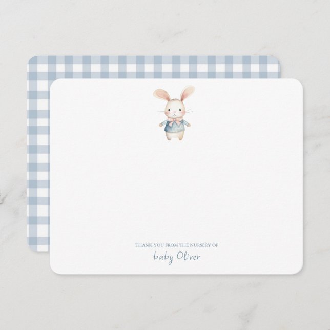 Cartão De Agradecimento Bonita Aquarela Bunny Gingham Flat Obrigado (Frente/Verso)