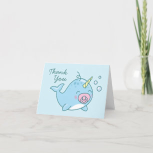 Cartão De Agradecimento Bonita Chá de fraldas Narwhal Obrigado Menina Rosa