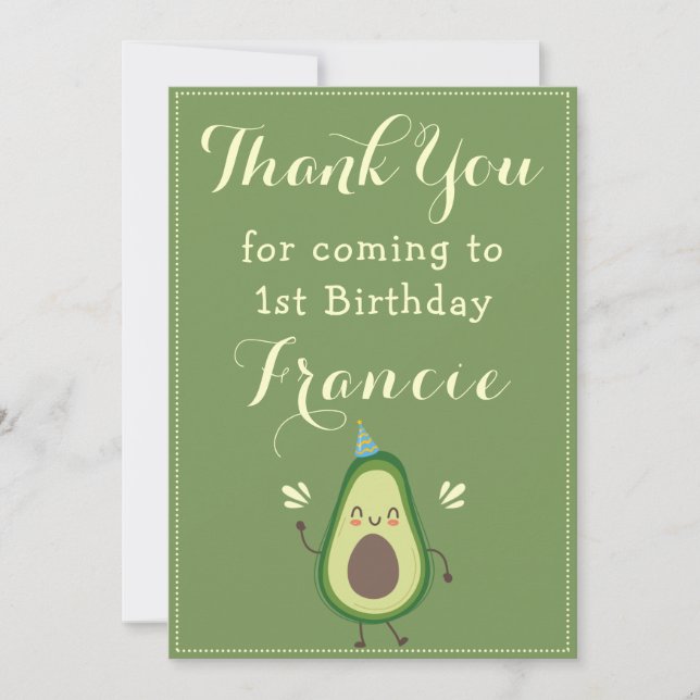 Cartão De Agradecimento Bonito Avocado Personalize o primeiro aniversario  (Frente)
