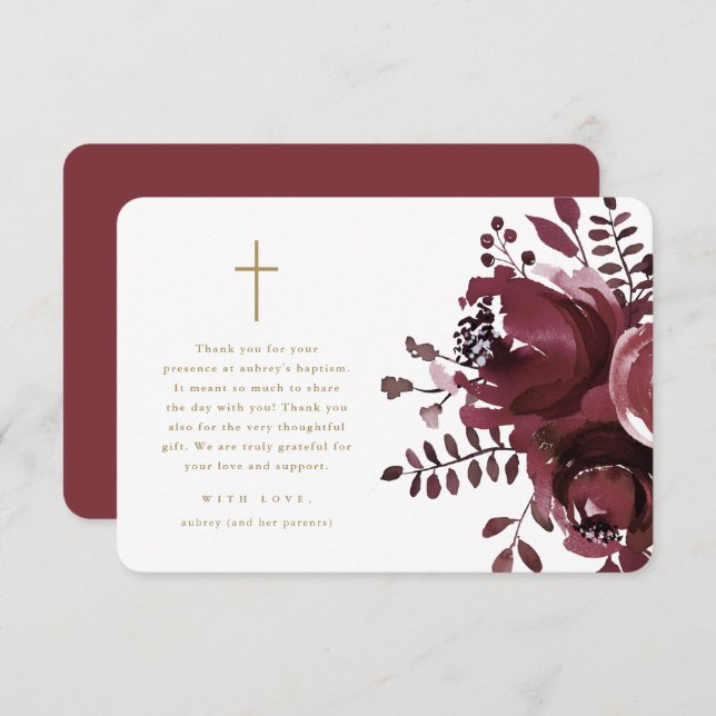 Cartão De Agradecimento Bonito Burgundy Floral Cross Baptism Obrigado (Frente/Verso)