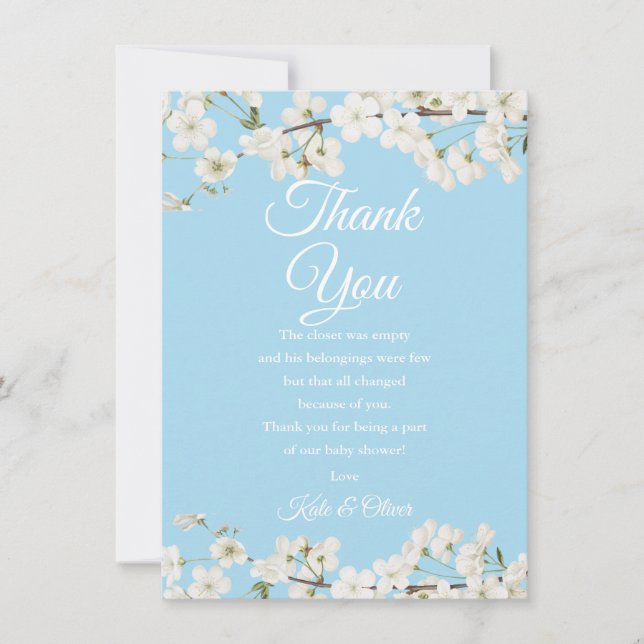 Cartão De Agradecimento Bonito Chá de fraldas do Flor Branco Obrigado Poem (Frente)