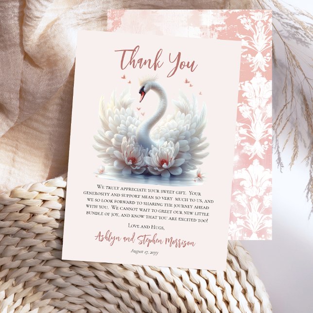 Cartão De Agradecimento Bonito Chá de fraldas Swan Floral Damask (Beautiful Swan Pink Floral Damask Girl Baby Shower Thank You Card)