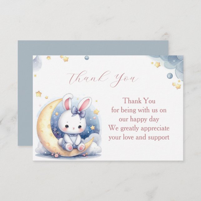 Cartão De Agradecimento Bonito coelhinho branco sentado na lua (Frente/Verso)