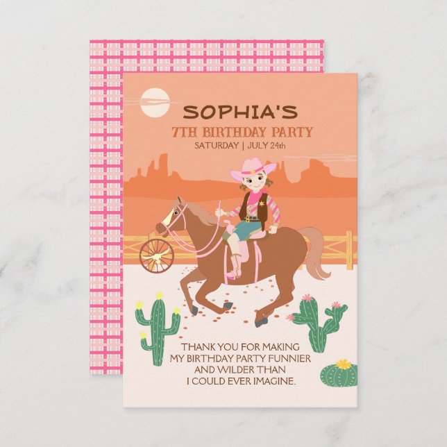 Cartão De Agradecimento Bonito Cowgirl e Festa de aniversário (Frente/Verso)