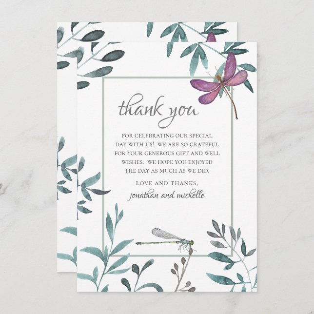 Cartão De Agradecimento Bonito Dragonfly Garden Greenery em Casamento Bran (Frente/Verso)
