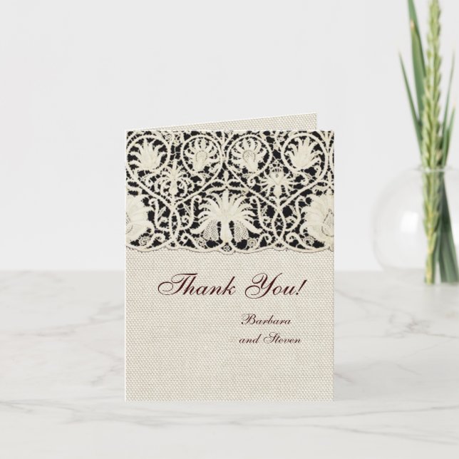 Cartão De Agradecimento Bonito Linen White Lace Antique de Casamento  (Frente)