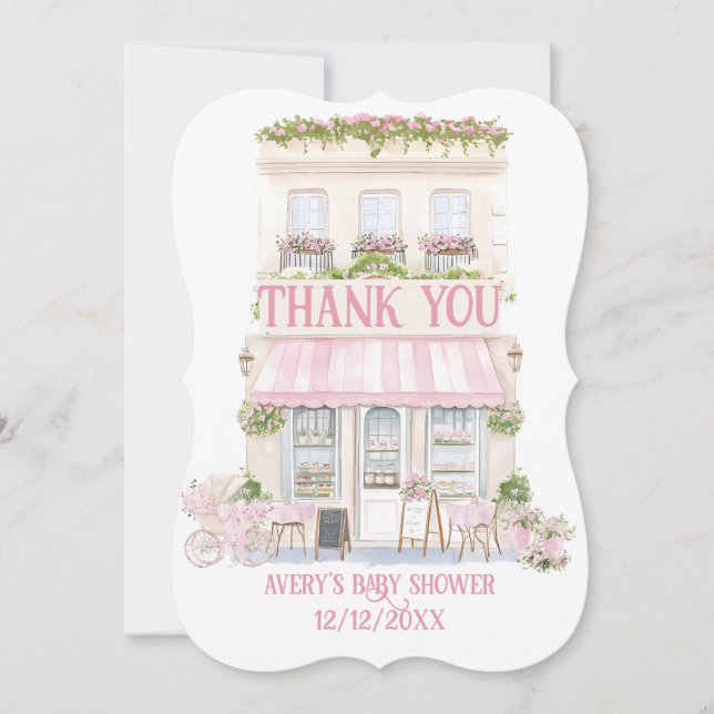 Cartão De Agradecimento Bonjour Bebe Rosa Parisiense Café Chá (Frente)