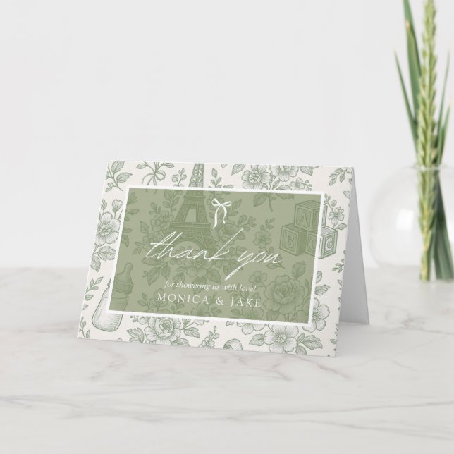 Cartão De Agradecimento Bonjour Bebe Sage Green Toile French Baby Shower (Frente)