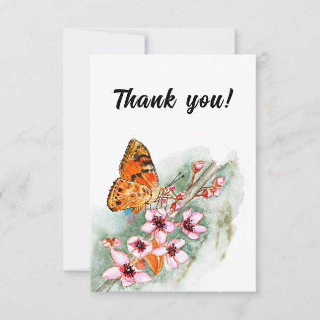 Cartão De Agradecimento Borboleta aquosa e flores rosa. Menina Floral (Frente)