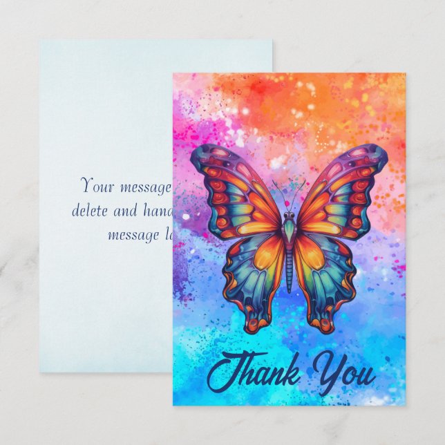Cartão De Agradecimento Borboleta Azul Laranja Asas (Frente/Verso)