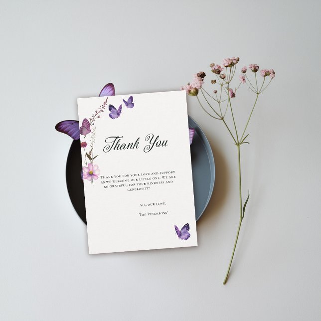 Cartão De Agradecimento Borboleta Beija Chá Roxinho Roxo Selvagem (butterflies wildflowers thank you card baby shower bridal wedding birthday party spring summer chic)