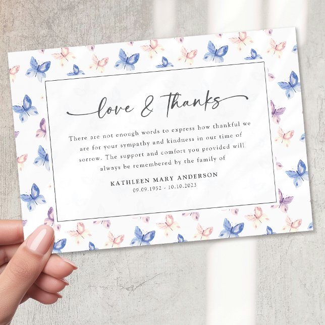 Cartão De Agradecimento Borboletas bonito Simpatia Azul Lilac Funeral (Criador carregado)