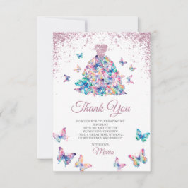 Cartão De Agradecimento Borboletas Douradas de rosa, Gown Quinceanera