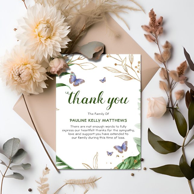 Cartão De Agradecimento Borboletas e verde | Funeral Obrigado (Criador carregado)