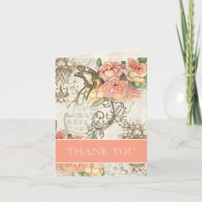 Cartão De Agradecimento Borboletas 'n Rosas Elegante Casamento Obrigado (Frente)