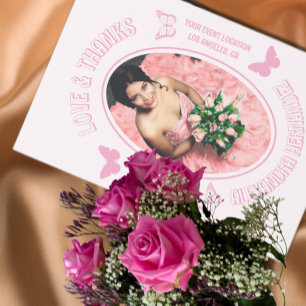 Cartão De Agradecimento Borboletas Rosa Quinceanera