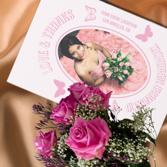 Cartão De Agradecimento Borboletas Rosa Quinceanera (Criador carregado)
