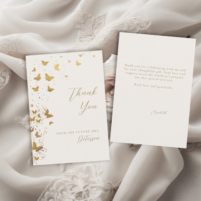 Cartão De Agradecimento Borboletas vitalícias Chá de panela-chic Dourado (butterflies bridal shower thank you card garden vines sprinkle lifetime romantic gold ivory elegant )