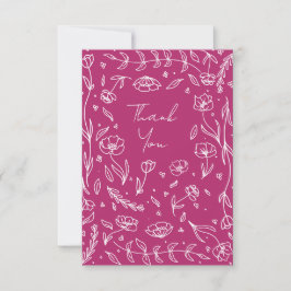 Cartão De Agradecimento Borda Floral Branca com Fundo Magenta