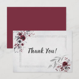 Cartão De Agradecimento Bordô Escuro Cinza Prata Floral Personalizado Aqua