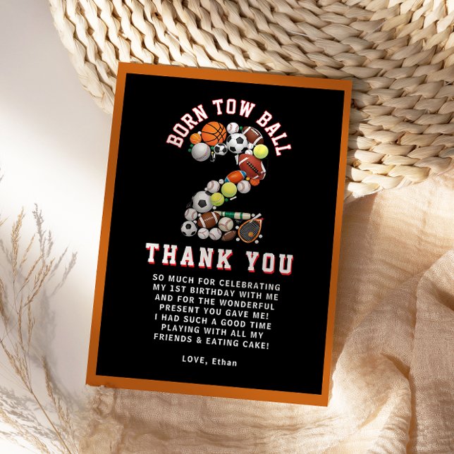 Cartão De Agradecimento Born 2 Ball Sport Themed Boy 2nd Birthday Party (Born 2 Ball Sport Themed Boy 2nd Birthday Party Thank You Card
)