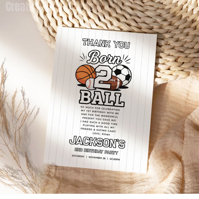 Cartão De Agradecimento Born 2 Ball Sports Themed Boy 2nd Birthday Party (Born 2 Ball Sports Themed Boy 2nd Birthday Party Thank You Card
)
