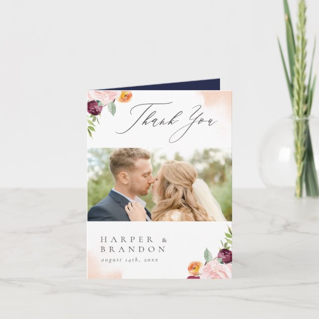 Cartão De Agradecimento Botânica Floral de Marinho Rosa Brionhante Obrigad (Frente)