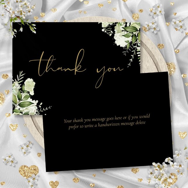 Cartão De Agradecimento Botânica Preto e Dourado Folhagem Elegante Script (Black And Gold Botanical Greenery Elegant Script Thank You Card)
