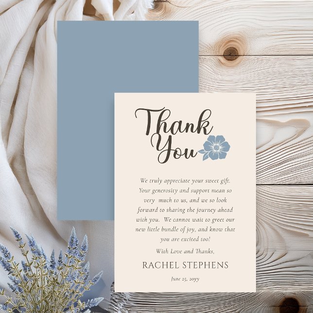 Cartão De Agradecimento Botanical Baby Shower Thank You Card Sage Blue (Elegant botanical baby shower thank you card with blue sage floral accent on neutral background)