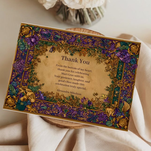 Cartão De Agradecimento Botanical Baroque Mardi Gras Masquerade (Criador carregado)