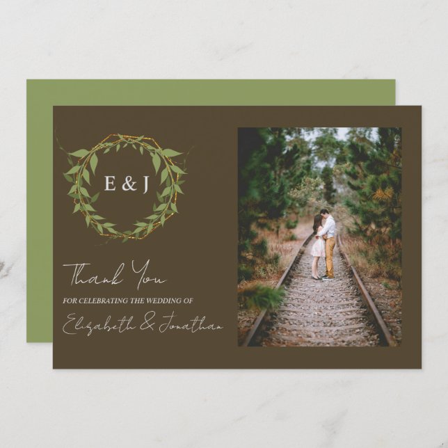Cartão De Agradecimento Botanical Wreath Earth Tone Wedding (Frente/Verso)